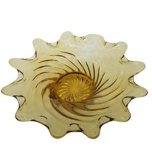 Vintage Amber Glass Bowl Candy Nut Dish Swirl 8"